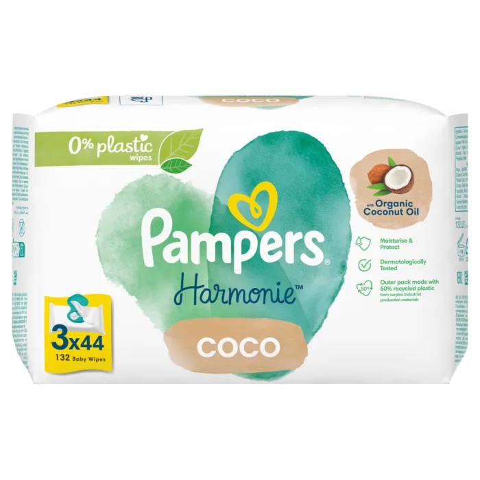 Pampers Harmonie Coco 0% Plastic 3 x 44 Wipes - Image 1