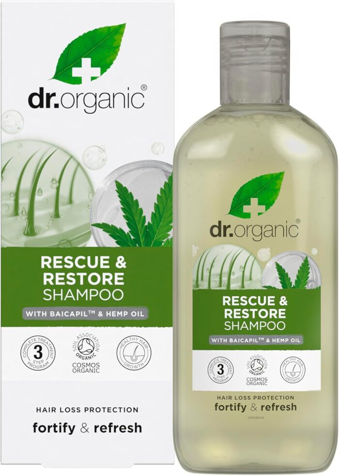 Dr Organic Hemp Oil Rescue Shampoo, Restoring, Mens, Womens, Natural, Vegetarian, Cruelty-Free, Paraben & SLS-Free, Organic, 265ml, Packaging may vary - Image 1