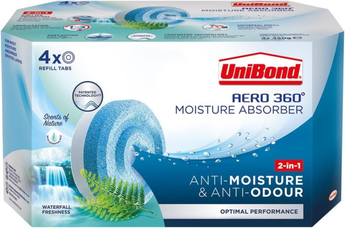UniBond AERO 360° Moisture Absorber Waterfall Freshness Refill Tab, Aromatherapy, Ultra-Absorbent and Odour-Neutralising, for AERO 360° Dehumidifier, Condensation Absorbers, Four Pack (4 x 450g) - Image 1