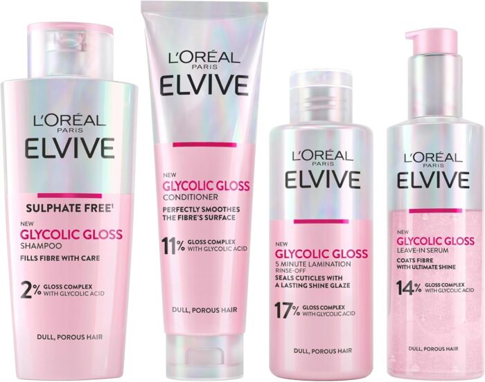 L'Oréal Paris Elvive Glycolic Gloss for Dull Porous Hair, Get The Shiniest Hair of Your Life, Glossing Routine for Mirror-Like Shine, Shampoo, Conditioner, Lamination Treatment, Leave-In Serum Set - Image 1