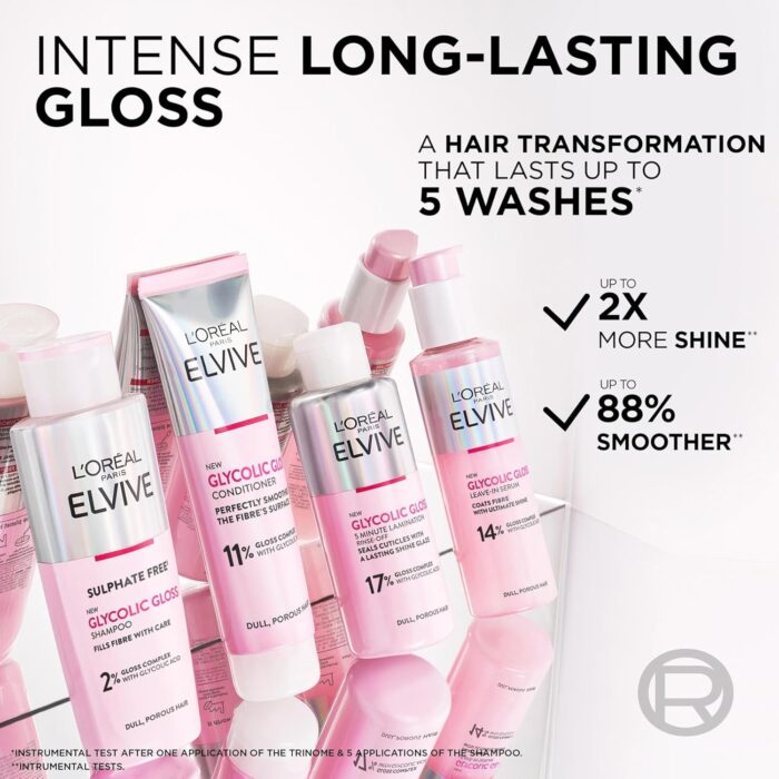 L'Oréal Paris Elvive Glycolic Gloss for Dull Porous Hair, Get The Shiniest Hair of Your Life, Glossing Routine for Mirror-Like Shine, Shampoo, Conditioner, Lamination Treatment, Leave-In Serum Set - Image 3