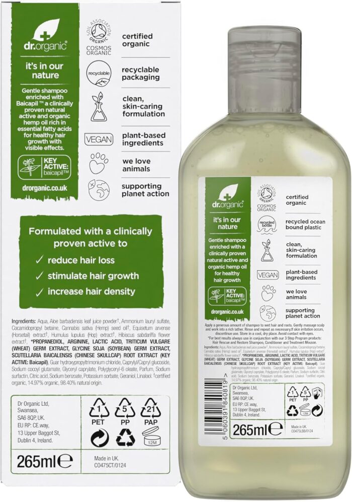 Dr Organic Hemp Oil Rescue Shampoo, Restoring, Mens, Womens, Natural, Vegetarian, Cruelty-Free, Paraben & SLS-Free, Organic, 265ml, Packaging may vary - Image 5