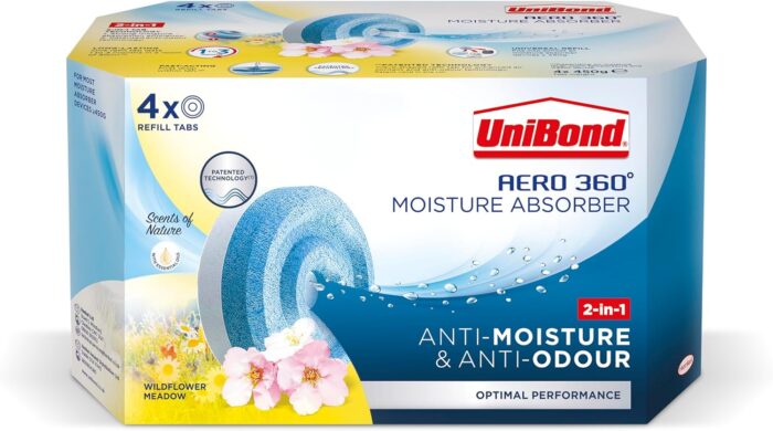 Unibond AERO 360° Moisture Absorber Wildflower Meadow Refill Tab,Aromatherapy,Ultra-Absorbent and Odour-Neutralising,for Dehumidifier, Condensation Absorbers, Four Pack (4x450g),White and Blue - Image 1