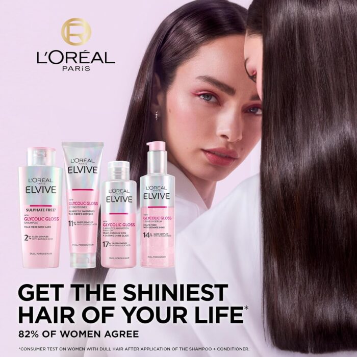 L'Oréal Paris Elvive Glycolic Gloss for Dull Porous Hair, Get The Shiniest Hair of Your Life, Glossing Routine for Mirror-Like Shine, Shampoo, Conditioner, Lamination Treatment, Leave-In Serum Set - Image 6