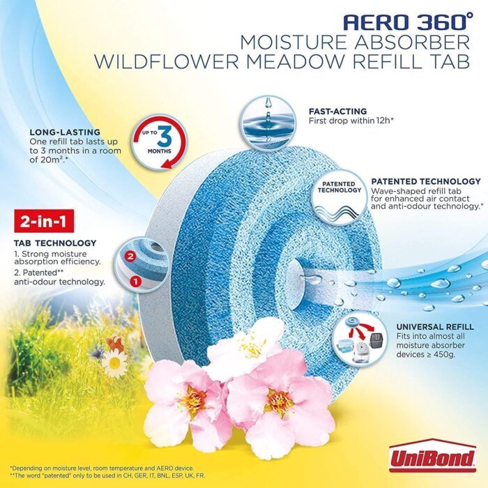 Unibond AERO 360° Moisture Absorber Wildflower Meadow Refill Tab,Aromatherapy,Ultra-Absorbent and Odour-Neutralising,for Dehumidifier, Condensation Absorbers, Four Pack (4x450g),White and Blue - Image 5