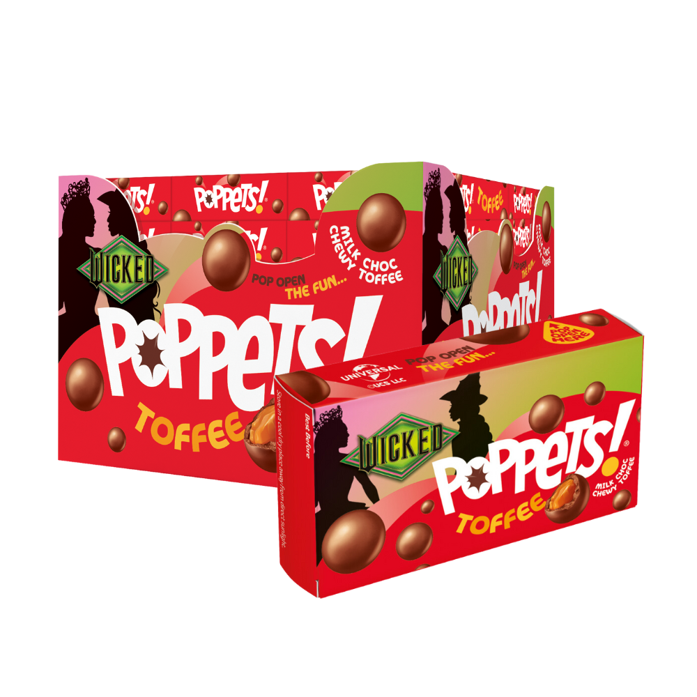 302551_poppets_toffee_wicked_2_.png Poppets Milk Choc Coated Chewy Toffee Box 39g - Image 1
