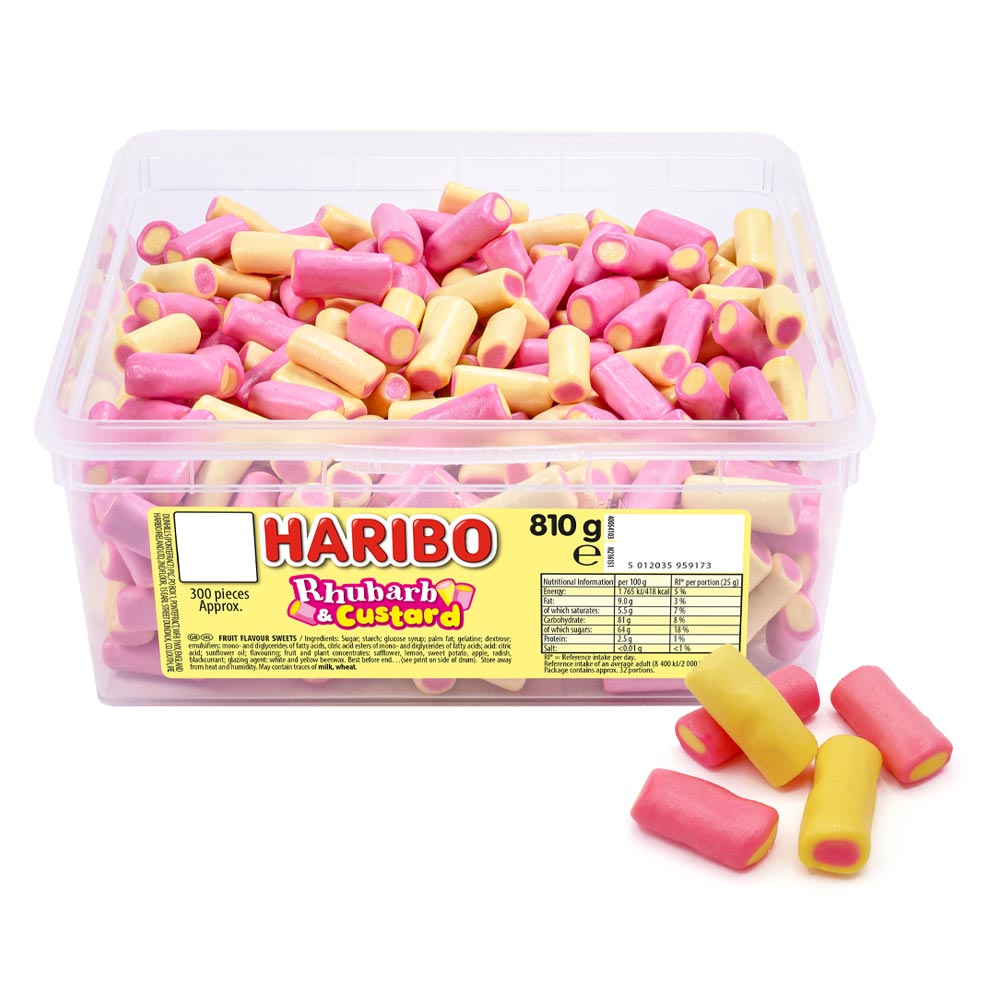 304958_a_23.jpg Haribo Rhubarb & Custard Sweets Tub 2p - Image 1