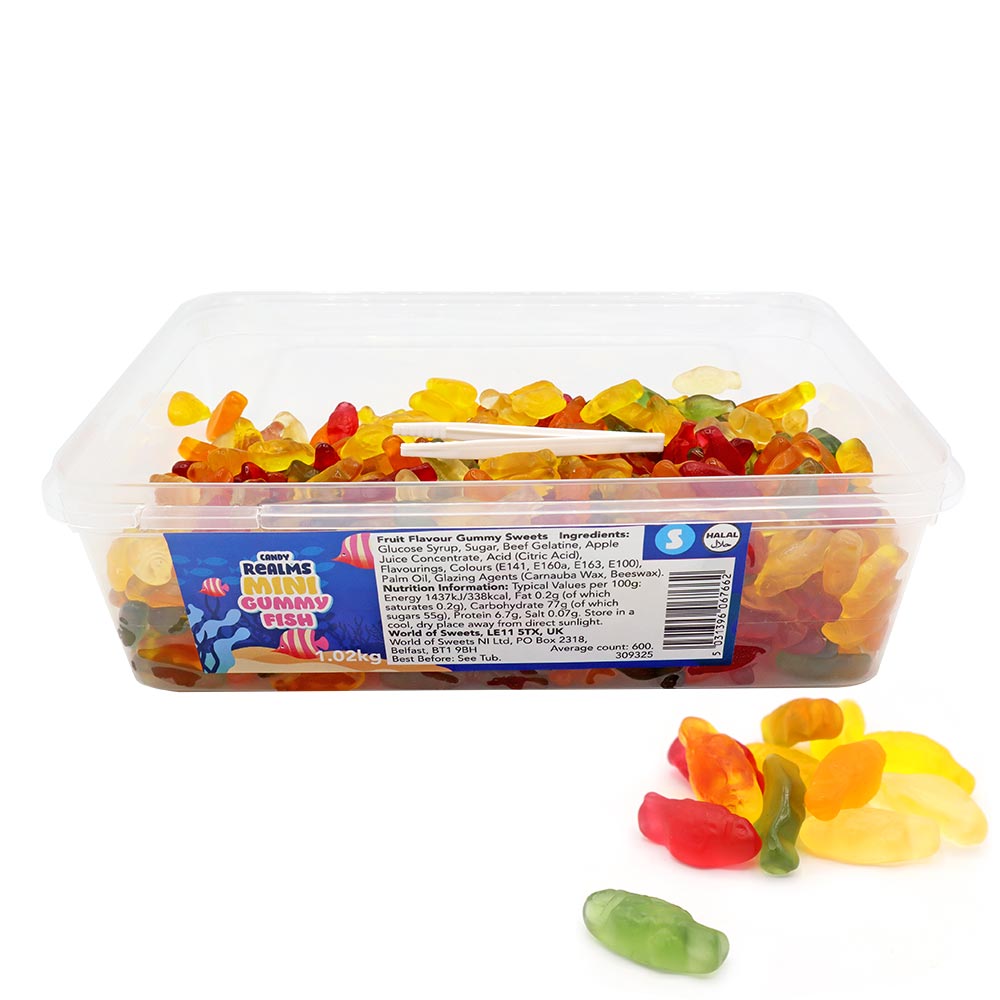 309325-gummy-fish-a.jpg Candy Realms Mini Gummy Fish Tub 1.02kg - Image 1
