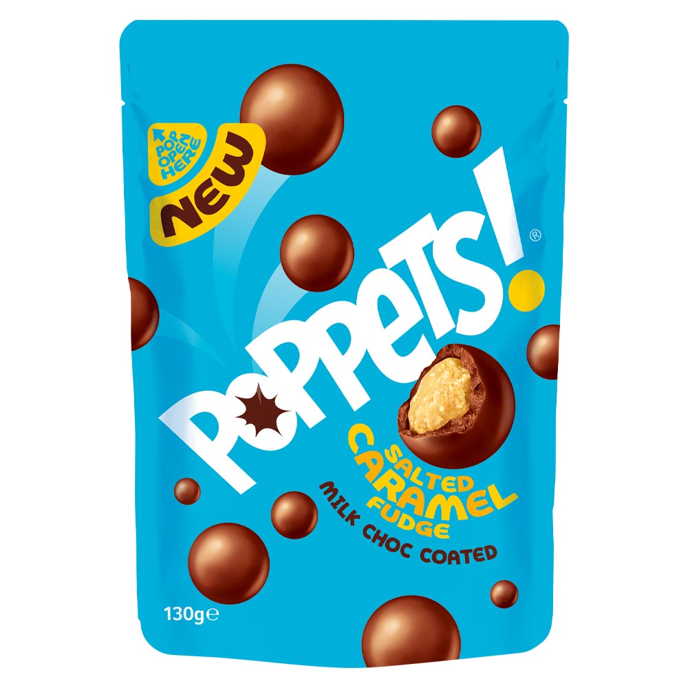 310676_a.jpg Poppets Milk Chocolate Coated Salted Caramel Fudge Pouch 120g - Image 1