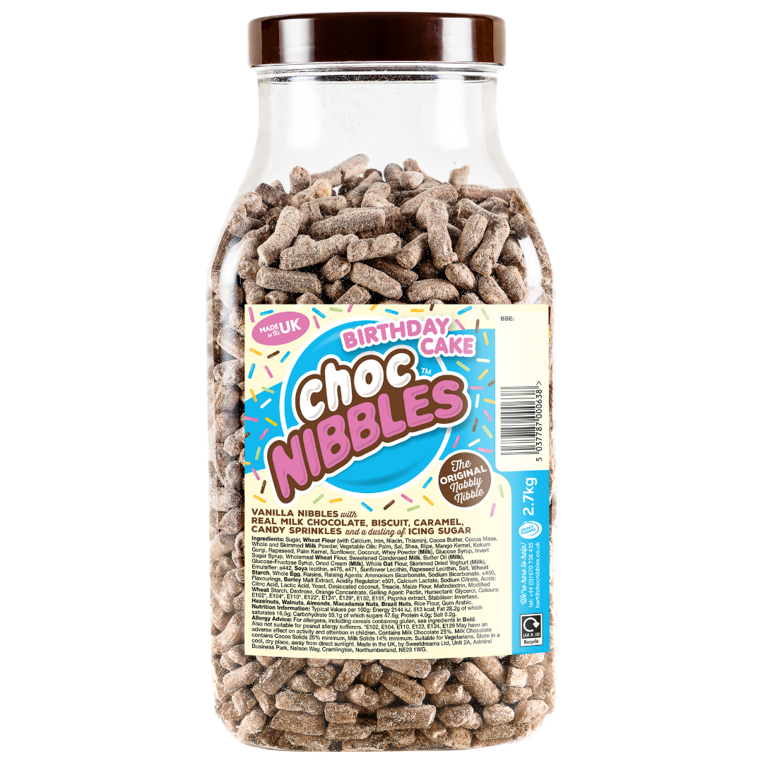 314858_a.png Sweet Dreams Birthday Cake Choc Nibbles Jar 2.7kg - Image 1