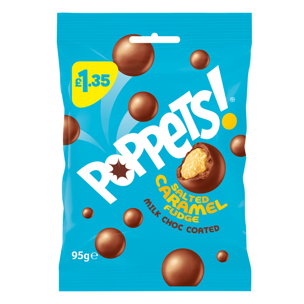 317043_poppets_salted_caramel_treat_bag_1_a_.png Poppets Salted Caramel Fudge Milk Choc Coated Pouch 95g - Image 1
