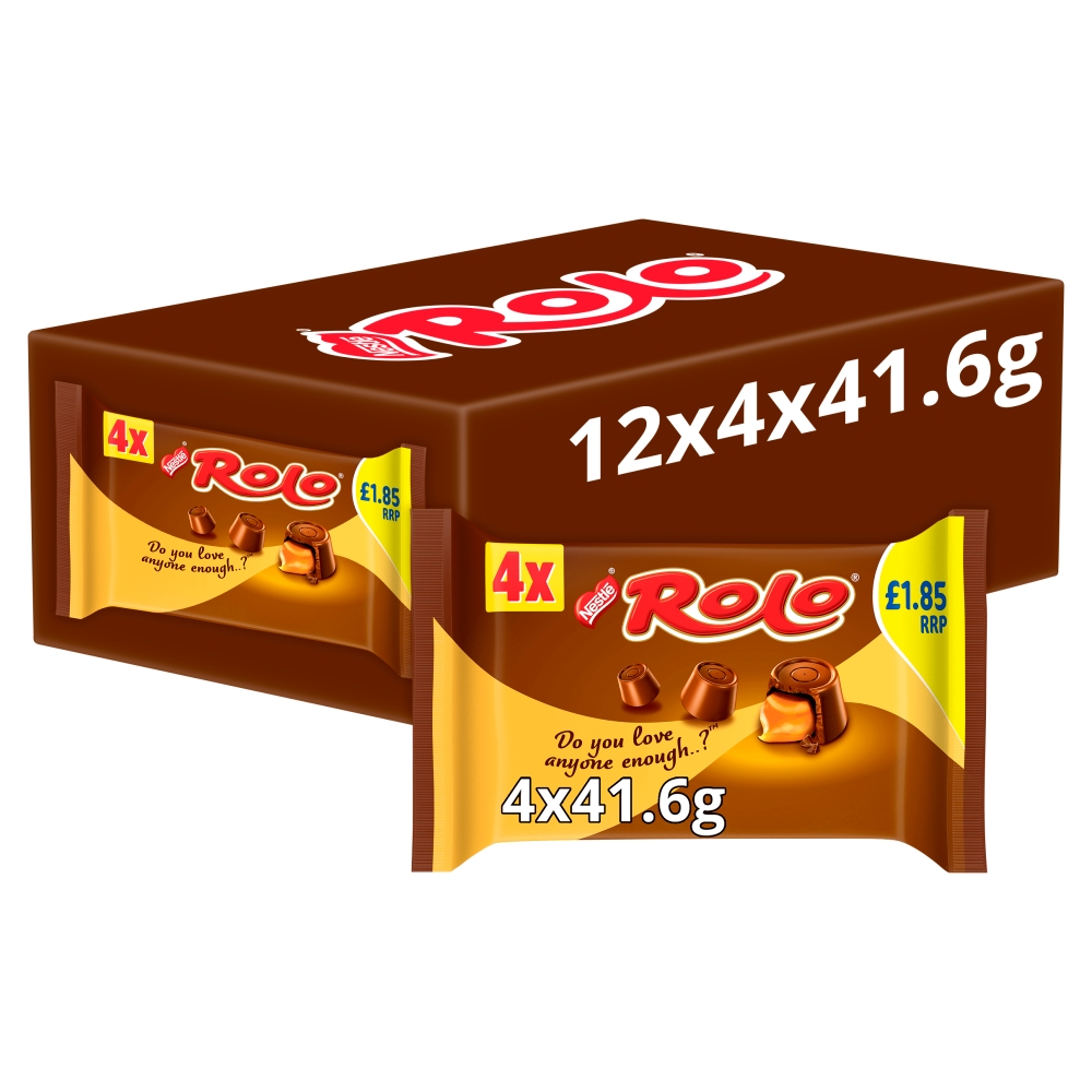 317544_rolo_4pk_1.85_pmp_a_.jpg Rolo Milk Chocolate & Toffee Tube 4 Pack Multipack 166.4g - Image 1