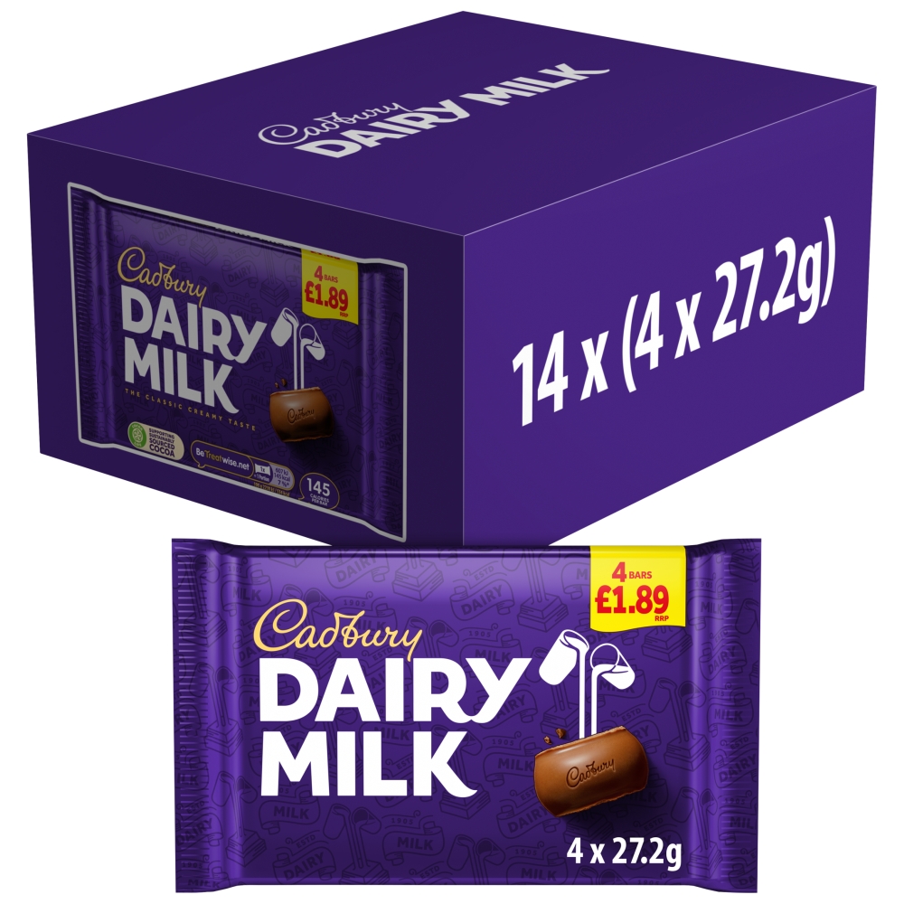 317858_cadbury_dairy_milk_4_pack_1.89_pmp_a_.jpg Cadbury Dairy Milk Chocolate Bar 4 Pack 108.8g - Image 1