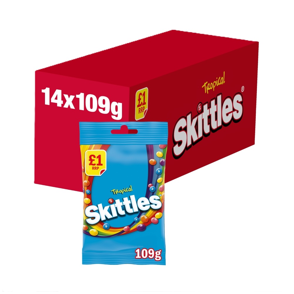 318352_skittles_tropical_1_pmp_a_.jpg Skittles Vegan Chewy Sweets Tropical Flavoured Treat Bag 109g - Image 1