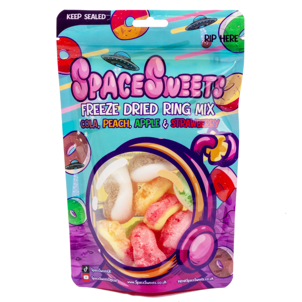 318700_space_sweets_mixed_rings.png Space Sweets Freeze Dried Mixed Fruit Rings Pouch 50g - Image 1