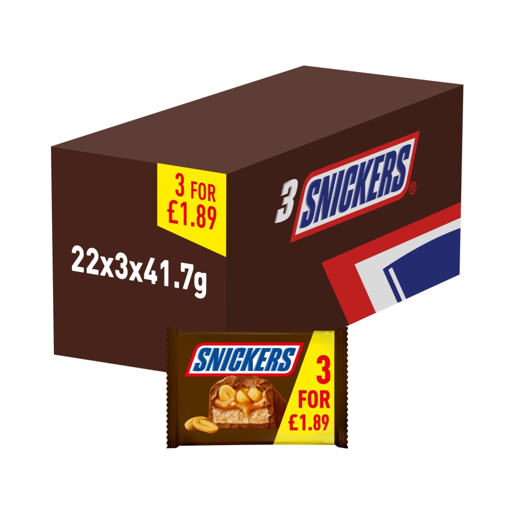 318944_1.jpg Snickers Caramel, Nougat, Peanuts & Milk Chocolate Bars 3 Pack 125.1g - Image 1