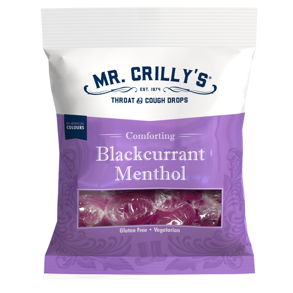 319313_1.png Mr. Crilly's Throat & Cough Drops Blackcurrant Menthol Flavour Bag 90g - Image 1