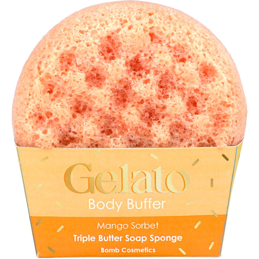 47300-1.jpg Bomb Cosmetics Mango Sorbet Triple Butter Gelato Body Buffer Shower Sponge - Image 1